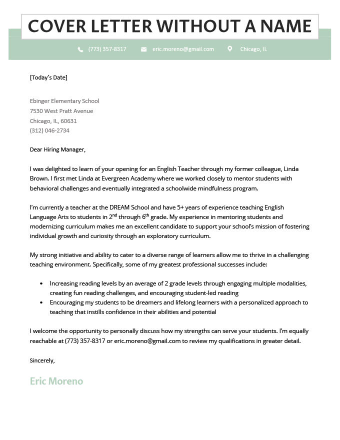 A cover letter on a green template that shows how to address a cover letter without a name.