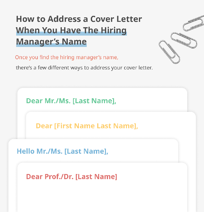 An infographic showing the different ways to address a cover letter when you have the hiring manager's name