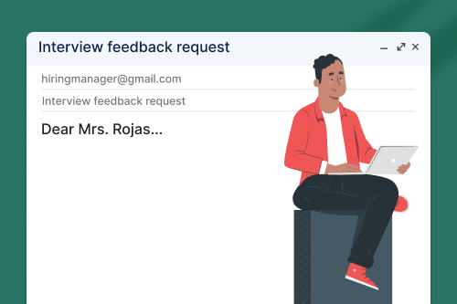A graphic showing a man on his laptop with an interview request email in the background
