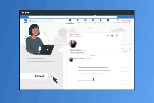 Graphic showing a job seeker's LinkedIn profile tab while they are typing a message to a recruiter. The screen display is set against a background with a blue gradient.