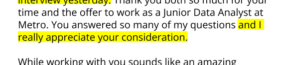 An example email declining a job offer while showing appreciation