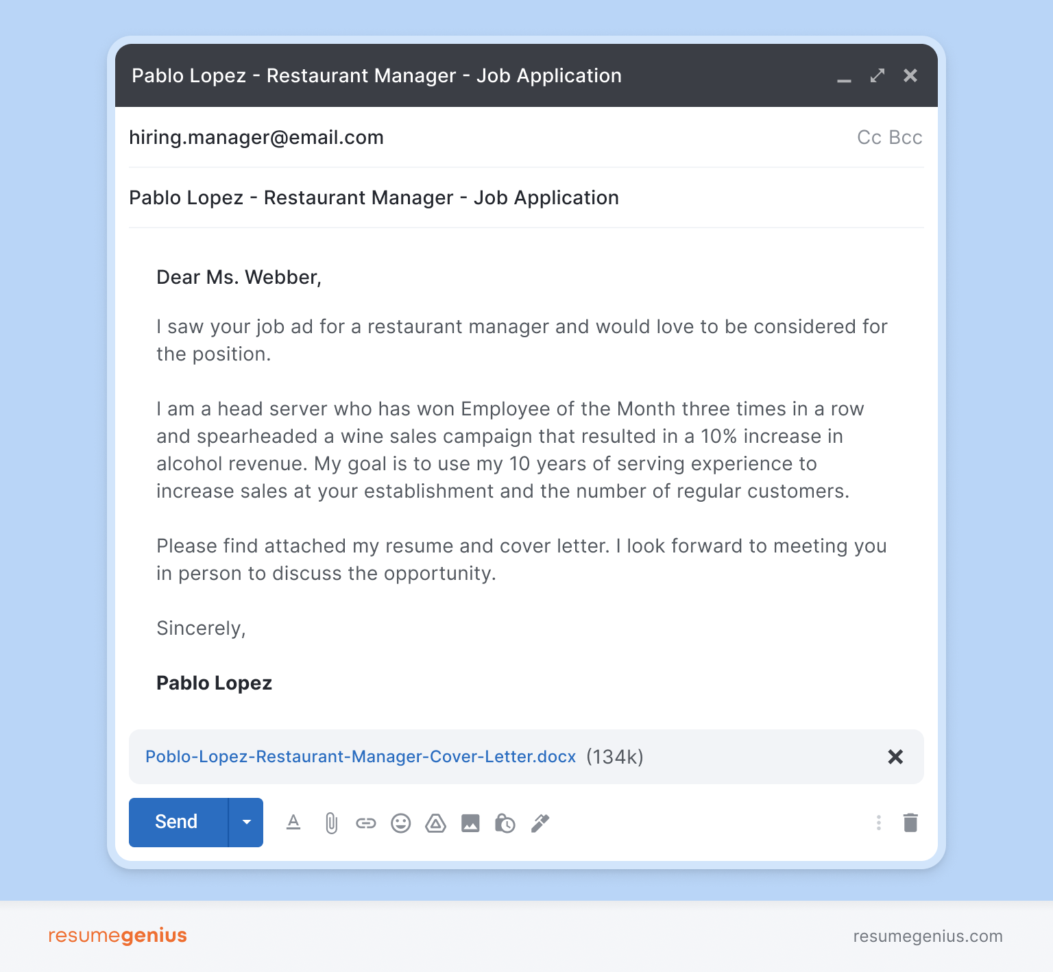 An example of emailing a resume focusing on the body of the email