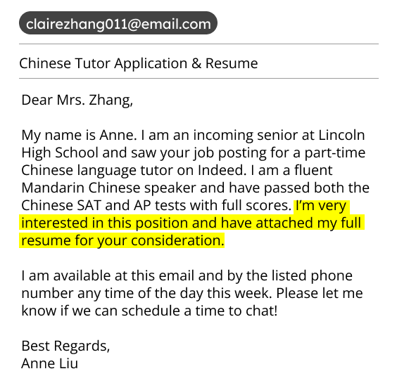 An example of an email by a teenager applying to a job
