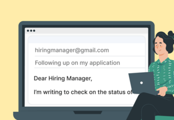 An illustration of a job seeker sending a follow up email to the hiring manager to learn about the status of her application.