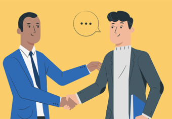 an illustration of two men shaking hands at an interview while one of them introduces himself