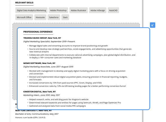 An example of a resume experience section with hard skills