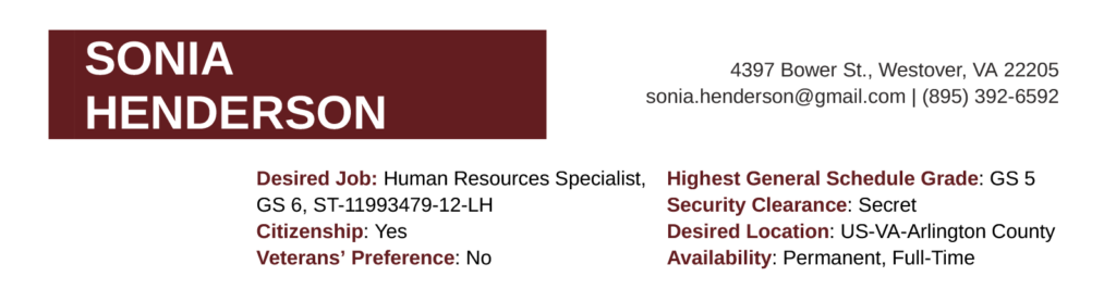 Example of how to list an active security clearance on a resume in the header section.