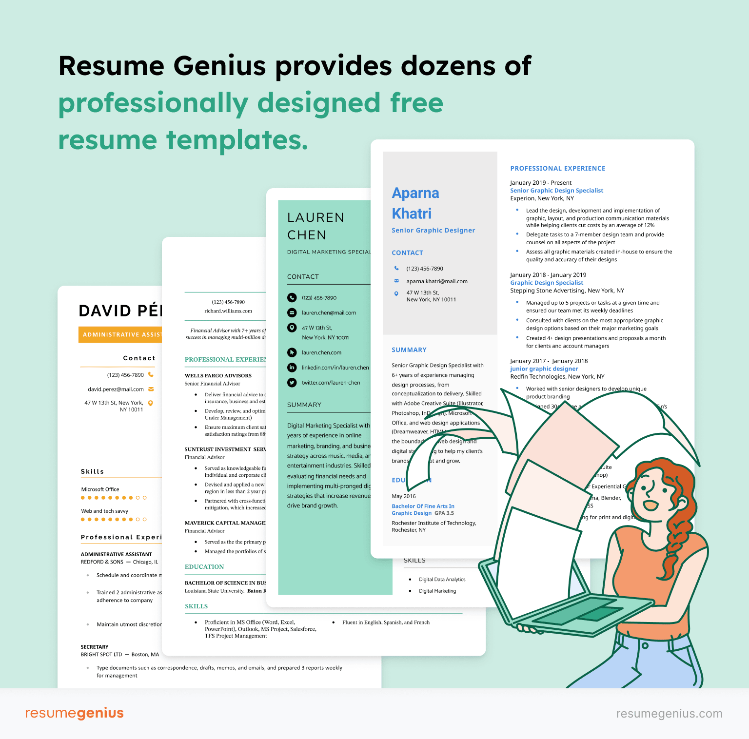 Illustration of a woman choosing one of Resume Genius' many templates. The text above reads: Resume Genius provides dozens of professional designed free resume templates.