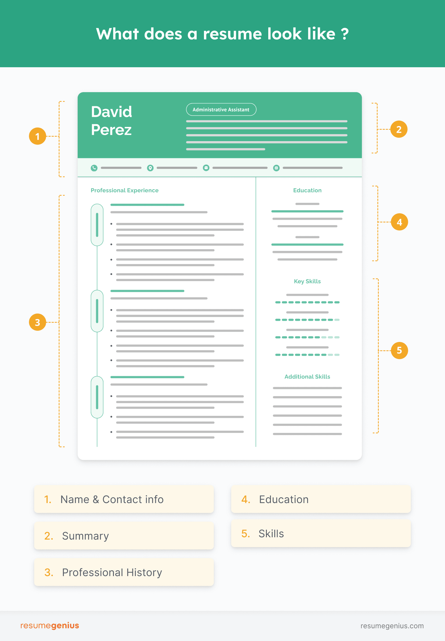 Illustration of what a resume looks like with each section labelled