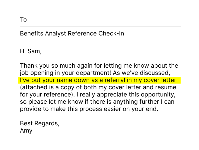 An example of an email confirming a named referral in a cover letter