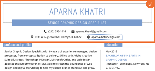 Adding online portfolio or a personal website on resume header