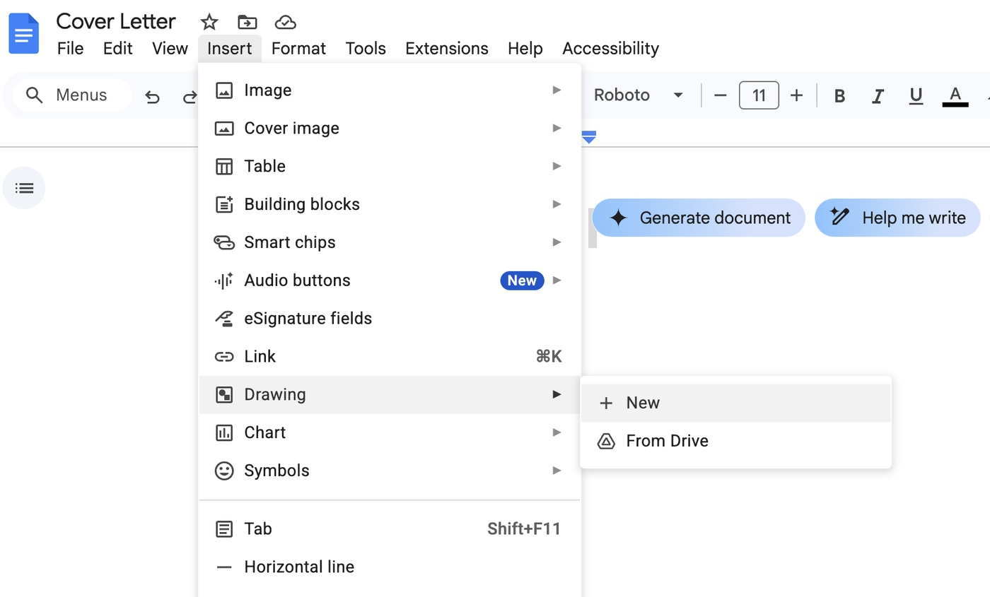 A screenshot showing how to add a drawing from the Insert menu in Google Docs
