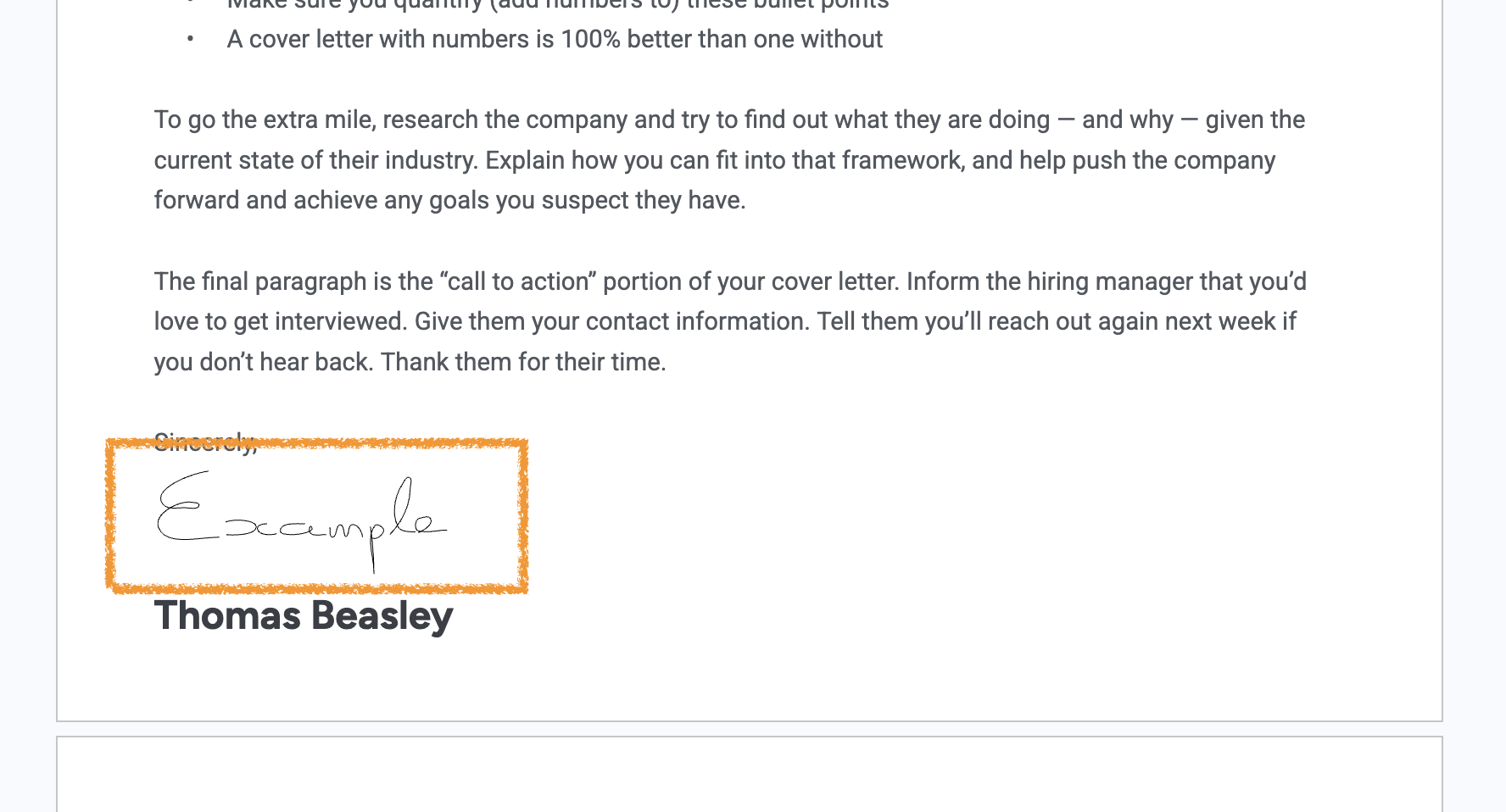 An example signature above the job applicant