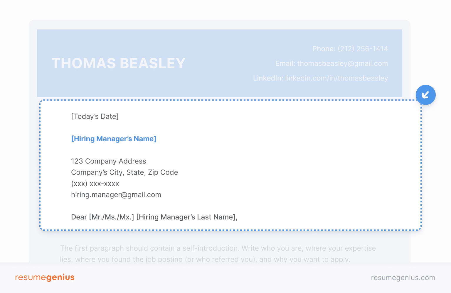 The top half of a cover letter with the date, company address, hiring manager’s contact information, and the salutation highlighted by an orange box.