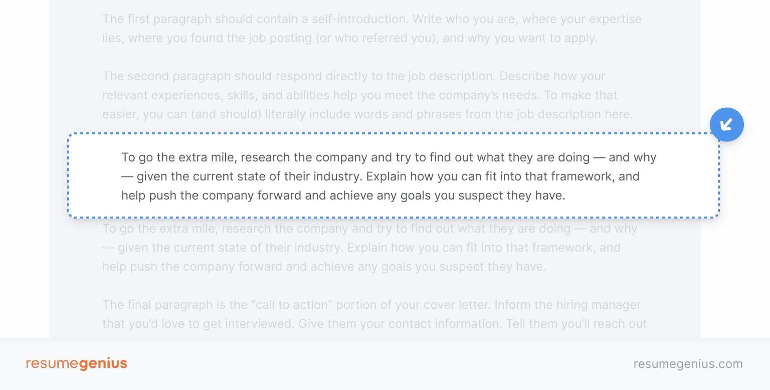 A cover letter with the beginning of the closing statement highlighted by an orange box with an arrow pointing to it.