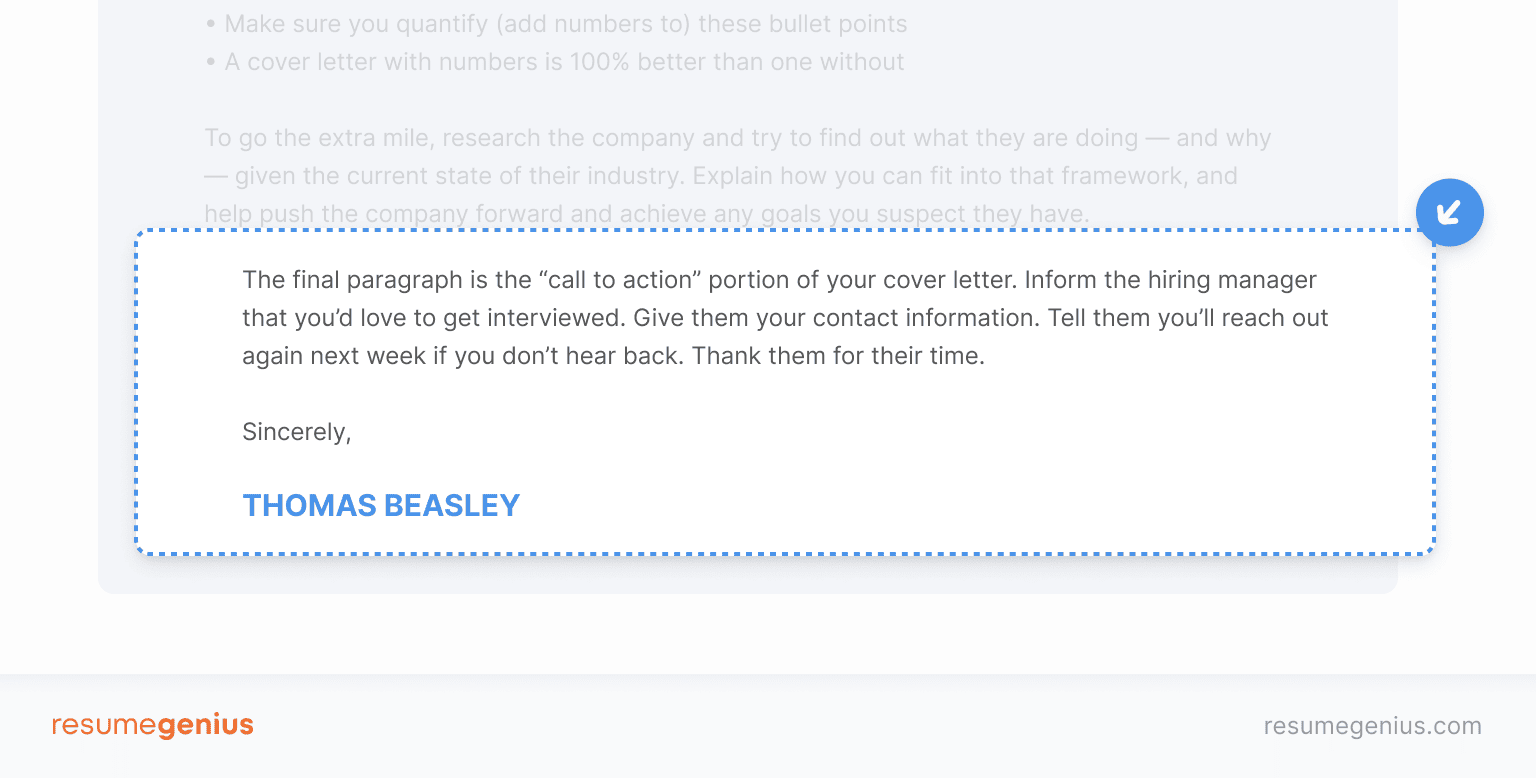 The bottom half of a cover letter with the closing paragraph and sign-off highlighted by an orange box with an arrow pointing to it.