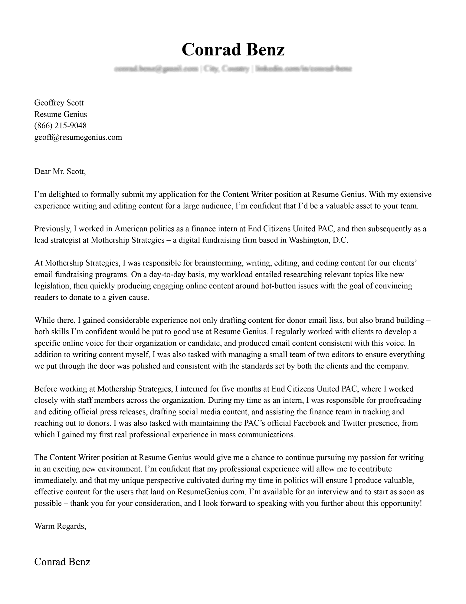 Example of a successful cover letter that landed a job.