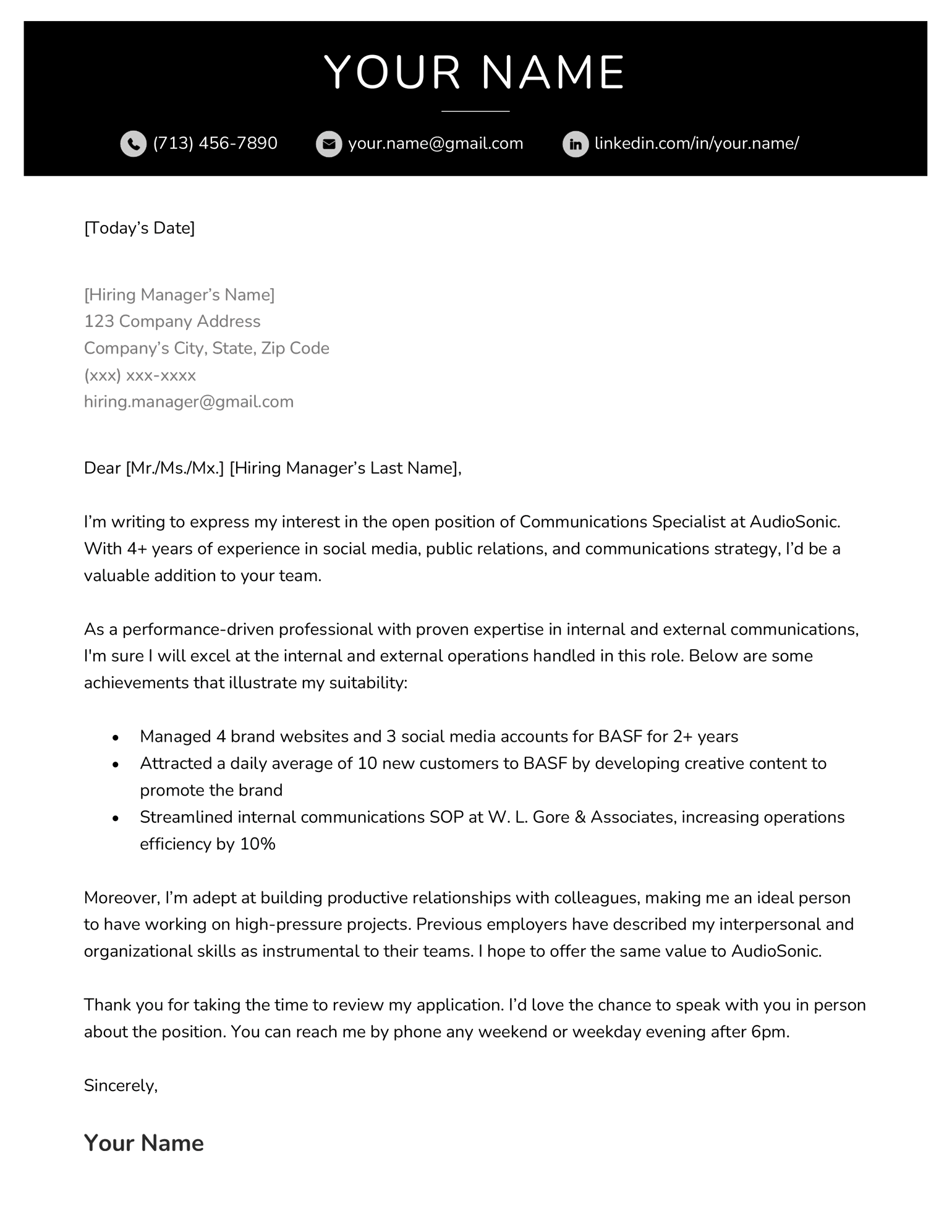 Example of what a cover letter should look like in 2024, with a bold black header and simple layout.