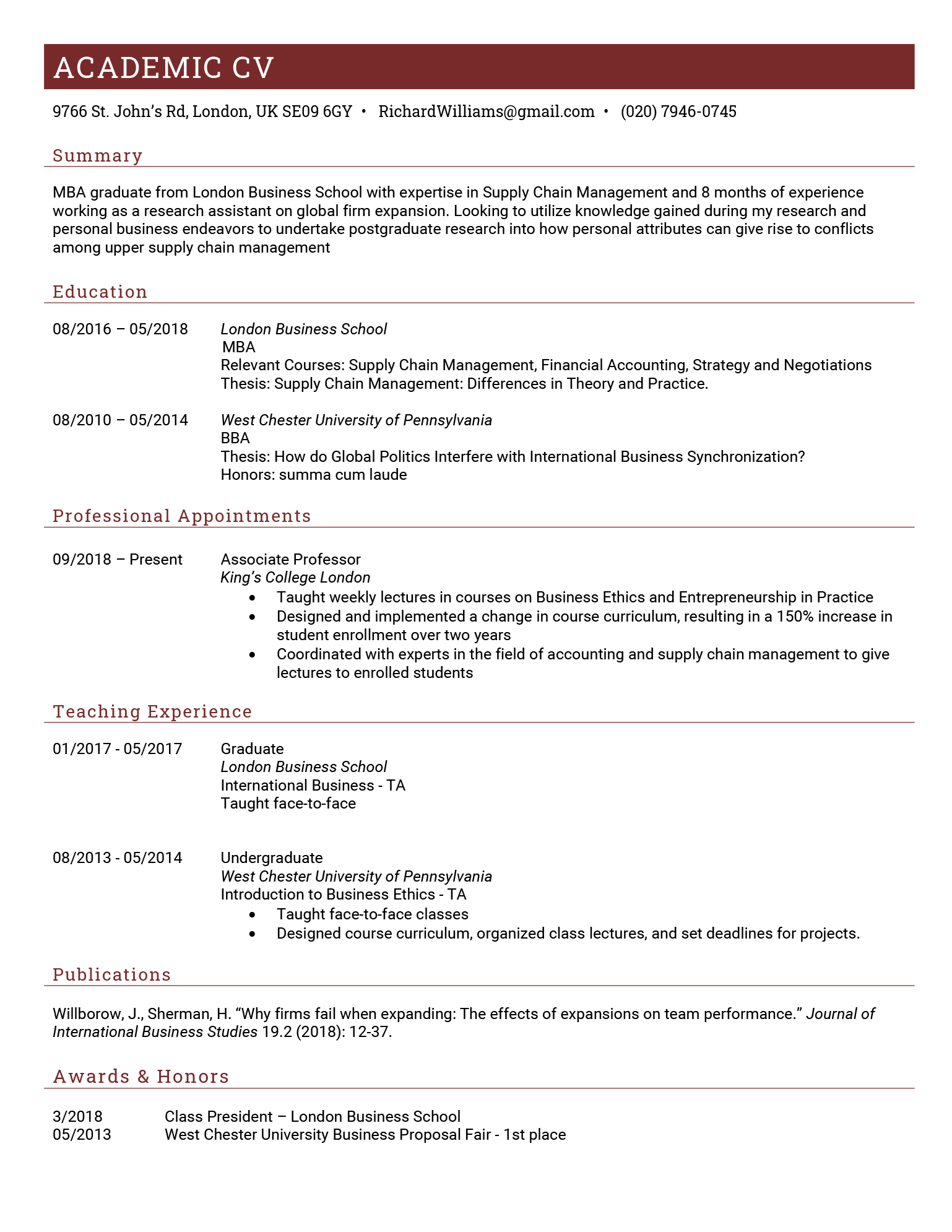 An example showing how to write a cv as an academic