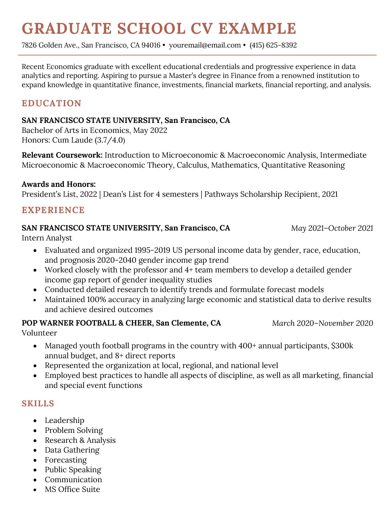 Graduate school CV example, featuring an extensive education section and formal design.