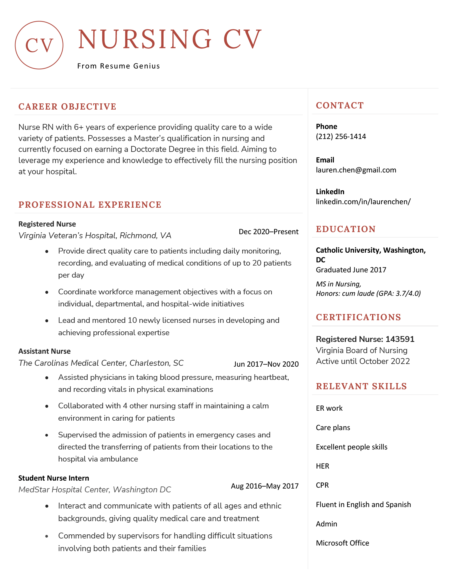 Example of a Nursing CV, with certifications section and clean, sleek design