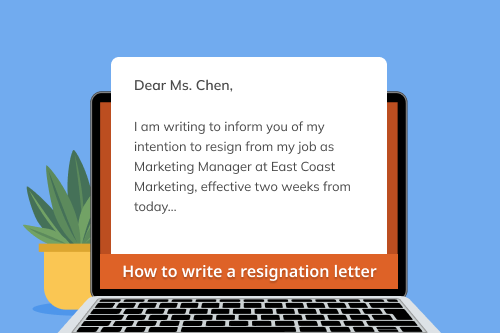 A graphic showing a resignation letter on a laptop placed next to a plant.