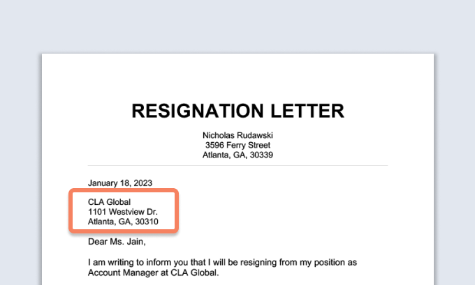 A resignation letter with the company's address highlighted.