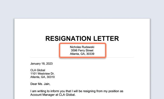 A resignation letter with the employee's contact information highlighted.