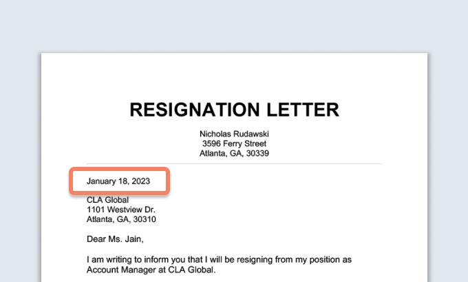 A resignation letter with the date highlighted.