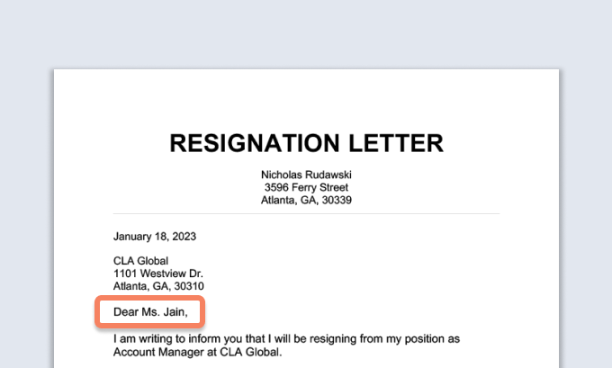 A resignation letter with the employer's name highlighted.