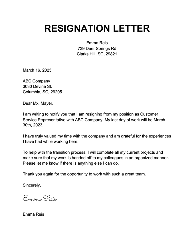 A resignation letter with the employee's signature highlighted.