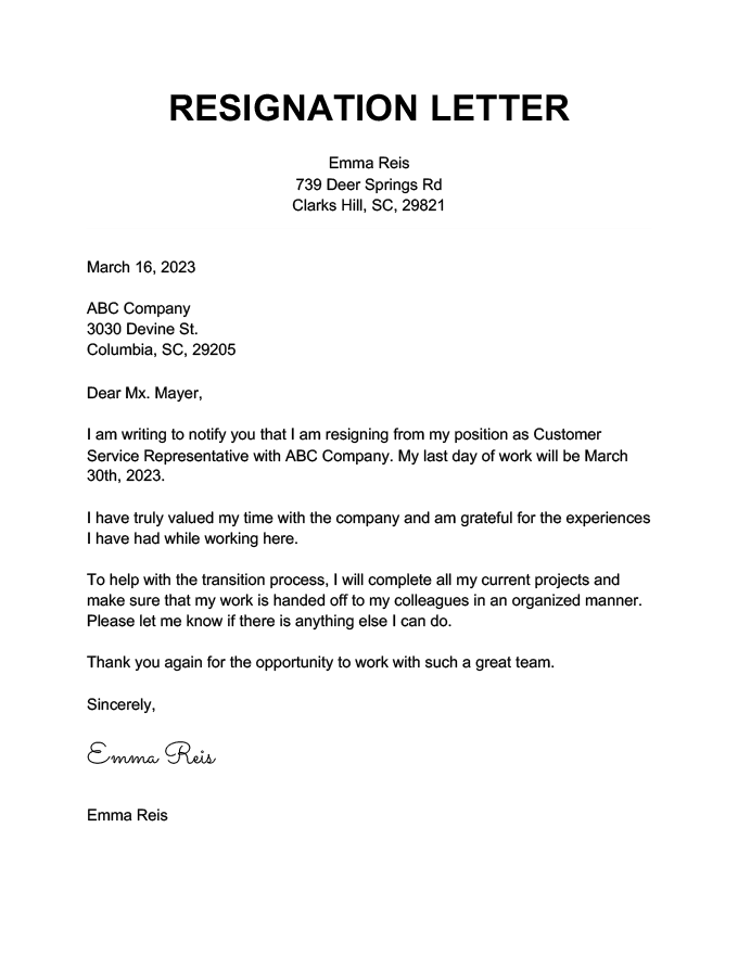 How To Write A Resignation Letter Example 