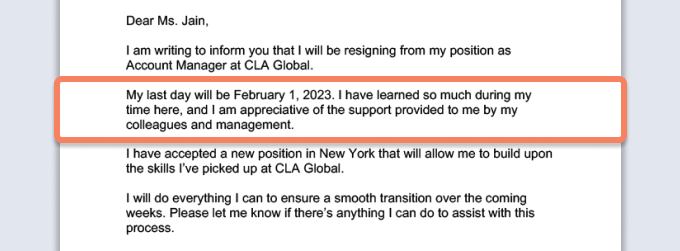 A resignation letter where the paragraph where the employee mentions when their last day will be is highlighted.