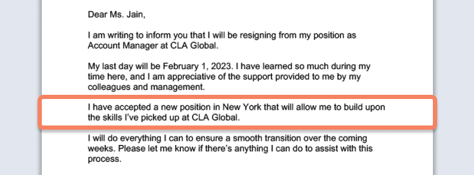 A resignation letter where the paragraph where the employee mentions their reasons for leaving is highlighted.