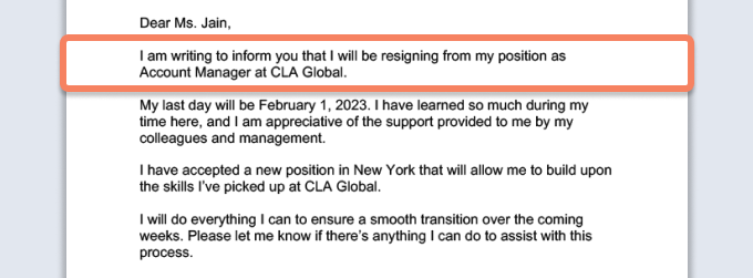 A resignation letter with the paragraph where the employee says they're resigning highlighted.