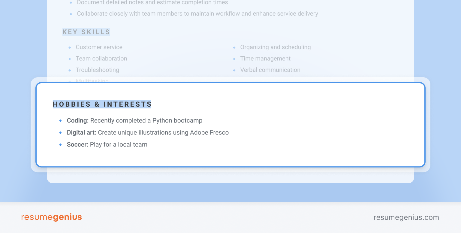 An example of a resume with an additional hobbies and interests section