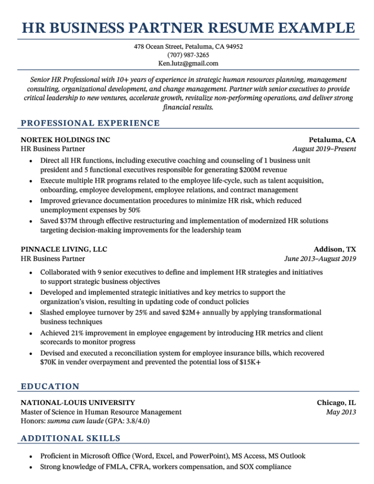 HR Business Partner Resume - Sample & 14 Skills to List