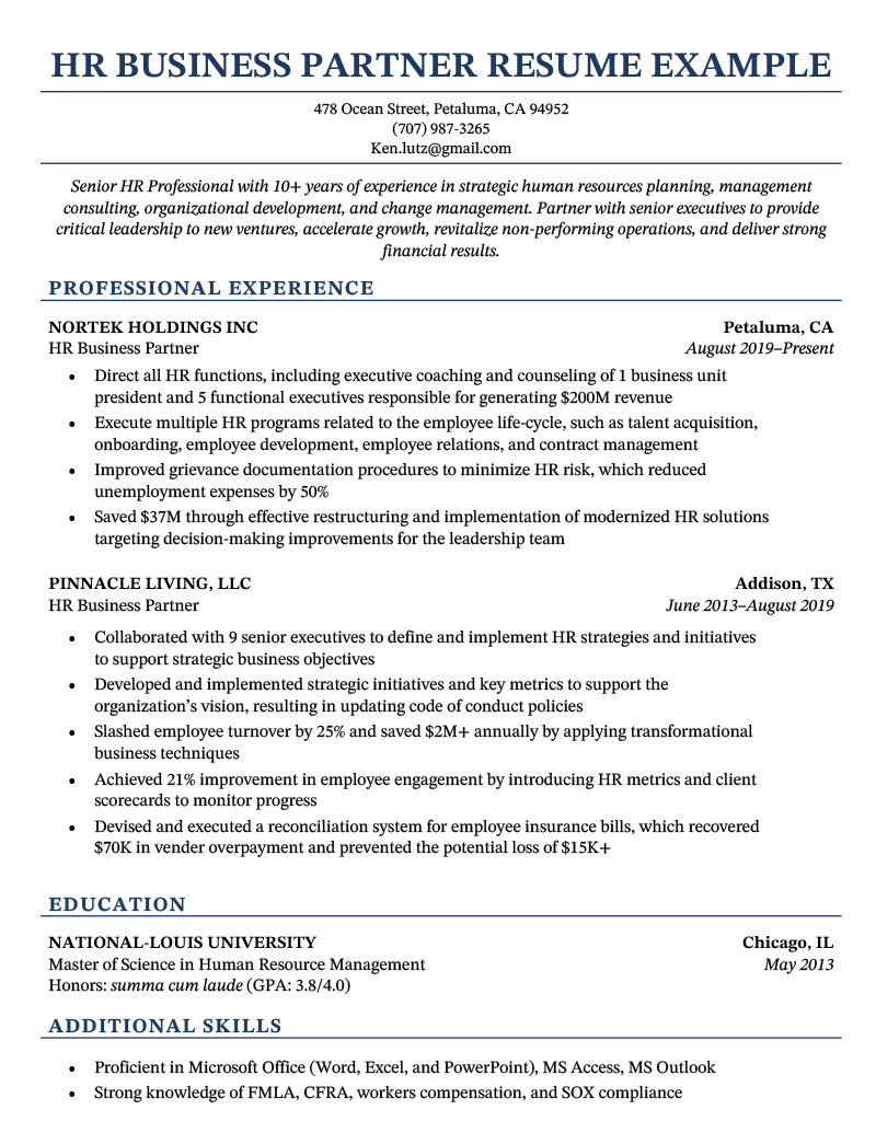 An HR business partner (HRBP) resume sample with blue header text and sections for the applicant's summary, professional experience, education, and additional skills