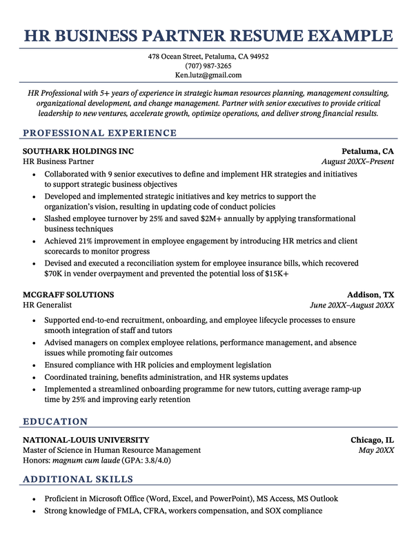 An HR business partner (HRBP) resume sample with blue header text and sections for the applicant's summary, professional experience, education, and additional skills