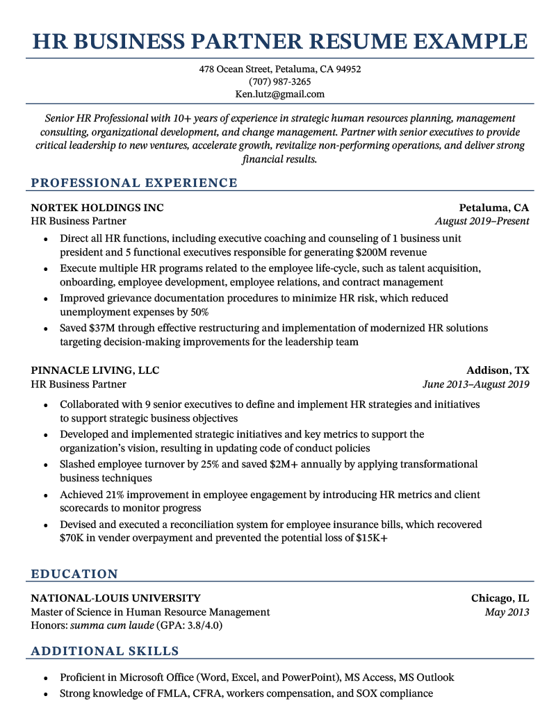 HR Business Partner Resume - Samples & 14 Skills to List