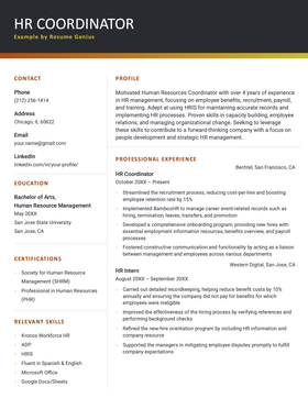 An example of a resume for an HR coordinator