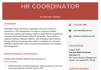 An HR coordinator resume summary example on a template with a red header followed by a right-aligned section containing an applicant’s contact information, educational details, certifications, and relevant skills