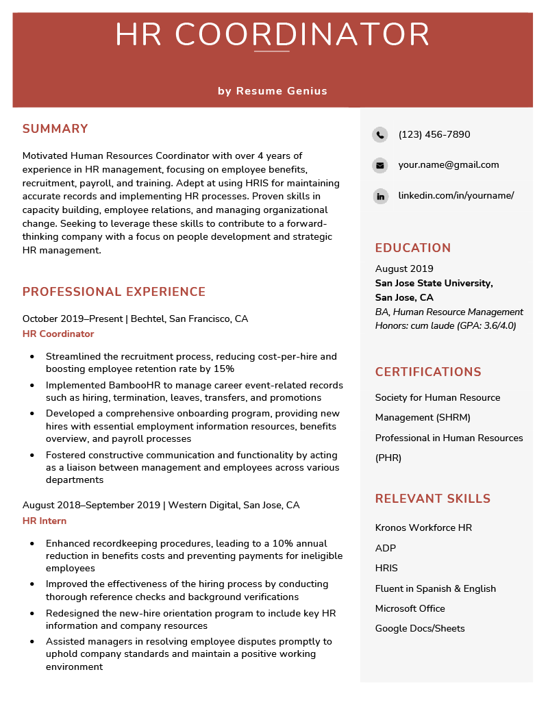 An HR coordinator resume summary example on a template with a red header followed by a right-aligned section containing an applicant’s contact information, educational details, certifications, and relevant skills