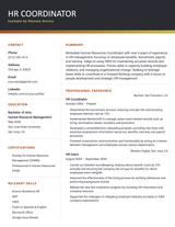 An HR coordinator resume summary example on a template with a red header followed by a right-aligned section containing an applicant’s contact information, educational details, certifications, and relevant skills