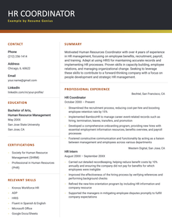 An HR coordinator resume summary example on a template with a red header followed by a right-aligned section containing an applicant’s contact information, educational details, certifications, and relevant skills