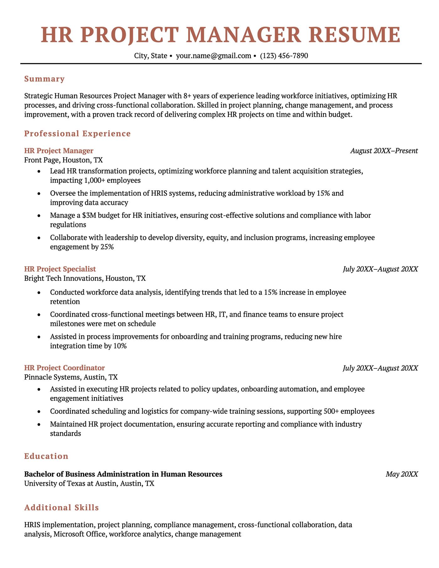 An HR project manager resume using a template with an orange header.