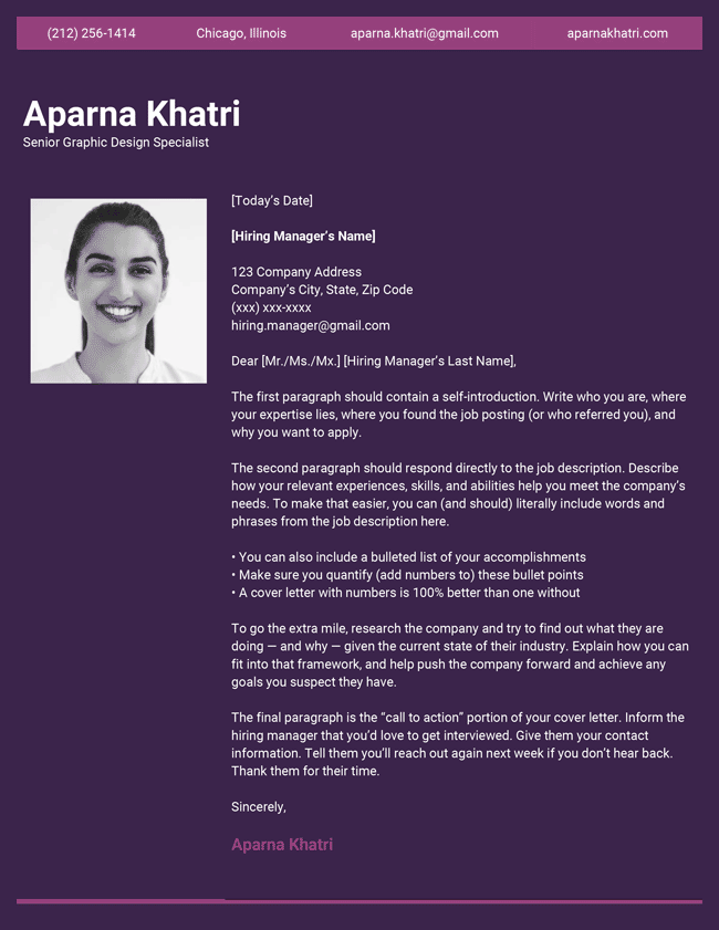 Pretty Cover Letter Template hub image of Creative Resume Templates subpage, dark violet background with white text and a headshot