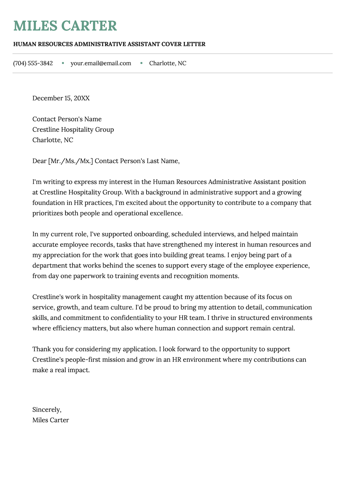 A cover letter example for a human resources administrative assistant.