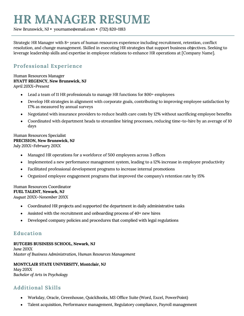 An HR manager resume example using a simple turquoise template.