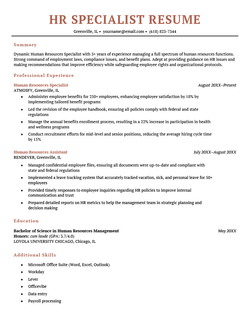 An HR specialist resume example using a coral-colored template